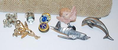 Collection of 8 TACK PINS including Dolphin, Plane Kiwanis, Fleur-de-Lis, Etc.