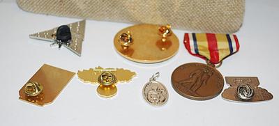 Collection of 7 TACK PINS including Yellow Triangle, Vietnam Veterans, Marine Ribbon, Tweety Bird, Napa, Etc.