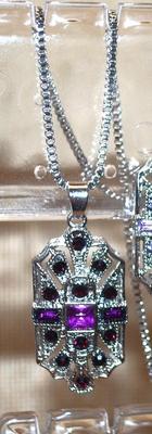 Purple/Silver JEWELRY SET Includes Earrings (1½" x ¾") with Wire Hook & PENDANT (1½" x ¾") on a Silver Tone...