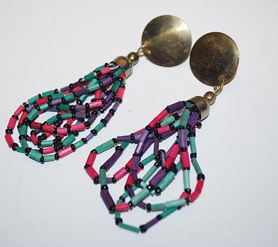 Pink, Green & Purple Bead EARRINGS Set with Gold Tone Circle and Stud Pin Clasp