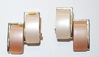 Double Rectangles EARRINGS with Pink and Beige Sections and a Snap-On Clasp