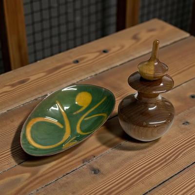 2 Decorative Items- Glazed Dish and Wood Turned Piece from OR