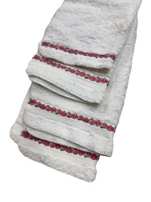 12 Piece Sears Colorburst White Cotton Vintage Bath Towel Set w Pink Flower Trim