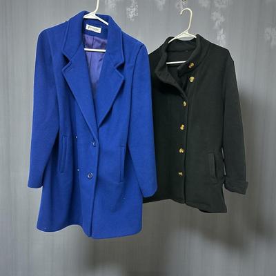2 Women's Winter Coats/Jackets: Forecaster Royal Blue Long Peacoat Style and Black Fleece