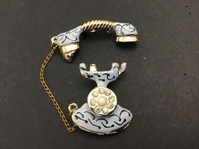 Vintage Telephone Brooch Sweater clip. Enamel