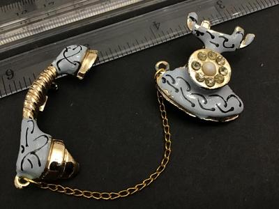 Vintage Telephone Brooch Sweater clip. Enamel