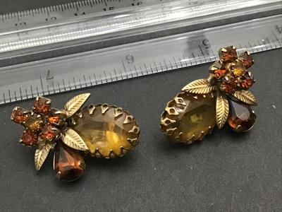 Coro Topaz Amber Signed Clip on Earrings