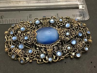 Antique Art Deco Filagree moonstone Blue Glass Numbered Large