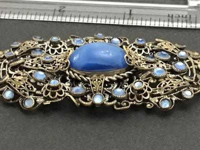 Antique Art Deco Filagree moonstone Blue Glass Numbered Large