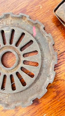 RUSTY BARN FINDS, CLEVIS, CORN PLANET PLATE AND SOME SORT OF A 3 JAW TOOL