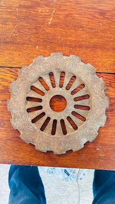 RUSTY BARN FINDS, CLEVIS, CORN PLANET PLATE AND SOME SORT OF A 3 JAW TOOL