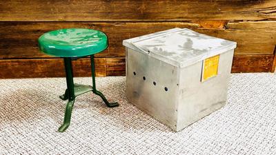 COW MILKING STOOL AND ALUMINUM EGG BOX