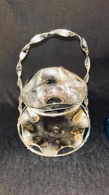 ELEGANT DORTHY THORPE MCM SILVER FADE APPETIZER/DESERT SERVING SET AND HAND BLOWN BLUE RUFFLED GLASS VASE