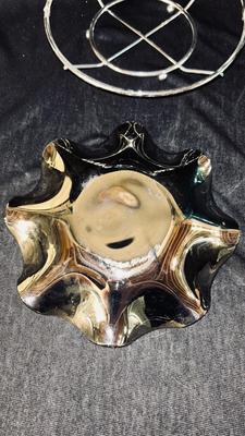 ELEGANT DORTHY THORPE MCM SILVER FADE APPETIZER/DESERT SERVING SET AND HAND BLOWN BLUE RUFFLED GLASS VASE