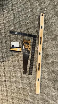 48” JOHNSON LEVEL, ZIRCON STUD FINDER, CARPENTER SQUARE AND SAW