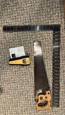 48” JOHNSON LEVEL, ZIRCON STUD FINDER, CARPENTER SQUARE AND SAW