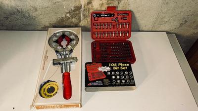 105 PIECE SECURITY BIT SET AND AN ADJUSTABLE CORNER CLAMP SET, ANOTHER CORNER CLAMP AND FENCE