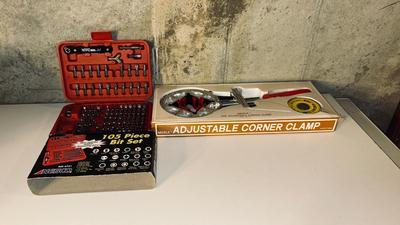 105 PIECE SECURITY BIT SET AND AN ADJUSTABLE CORNER CLAMP SET, ANOTHER CORNER CLAMP AND FENCE