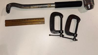 STANLEY SPEED DRILL, 12” WOOD CLAMP, NAIL CLAW, NAIL SET AND MORE