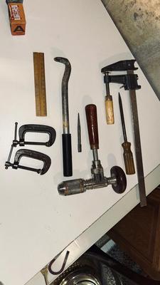 STANLEY SPEED DRILL, 12” WOOD CLAMP, NAIL CLAW, NAIL SET AND MORE