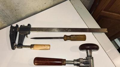 STANLEY SPEED DRILL, 12” WOOD CLAMP, NAIL CLAW, NAIL SET AND MORE