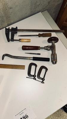 STANLEY SPEED DRILL, 12” WOOD CLAMP, NAIL CLAW, NAIL SET AND MORE