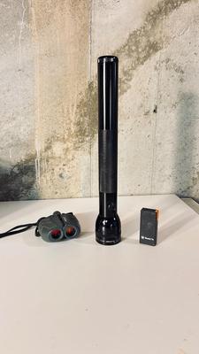 15” MAG-LITE, TASCO FUTURA BINOCULARS AND A MIKITA FLASH LIGHT