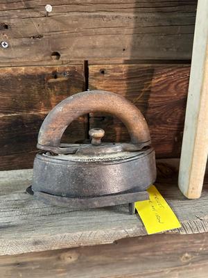 BROWN BRASS WASHBOARD, OLD CLOTHESPINS AND CLOTHES IRON