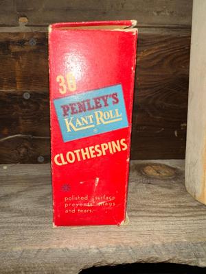 BROWN BRASS WASHBOARD, OLD CLOTHESPINS AND CLOTHES IRON