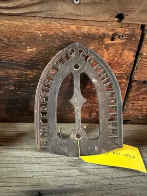 BROWN BRASS WASHBOARD, OLD CLOTHESPINS AND CLOTHES IRON