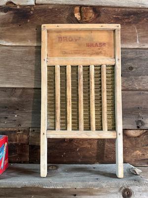 BROWN BRASS WASHBOARD, OLD CLOTHESPINS AND CLOTHES IRON