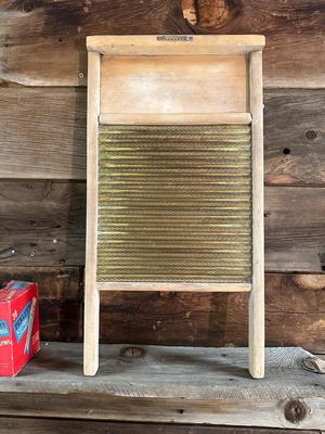 BROWN BRASS WASHBOARD, OLD CLOTHESPINS AND CLOTHES IRON