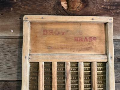 BROWN BRASS WASHBOARD, OLD CLOTHESPINS AND CLOTHES IRON