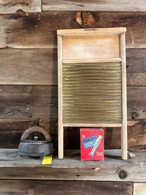 BROWN BRASS WASHBOARD, OLD CLOTHESPINS AND CLOTHES IRON