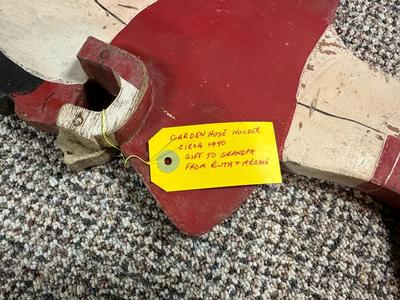 OLD CROQUET SET AND WOODEN STAKED YARD ART HOSE HOLDER