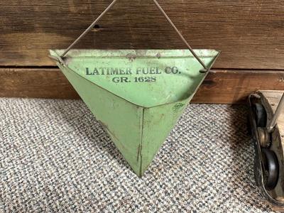 LATIMER FUEL CO DUSTPAN AND AN ANTIQUE PUSH VACUUM