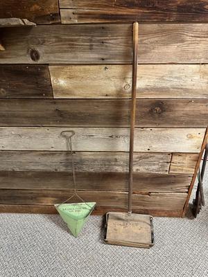 LATIMER FUEL CO DUSTPAN AND AN ANTIQUE PUSH VACUUM