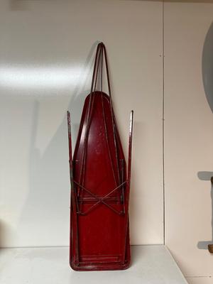 CHILD'S METAL TOY IRONING BOARD, PEANUT BUTTER TIN AND SHIRLEY TEMPLE GLASS CUP