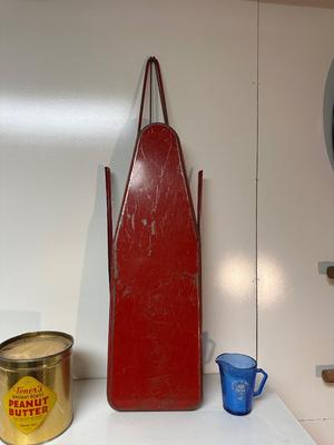 CHILD'S METAL TOY IRONING BOARD, PEANUT BUTTER TIN AND SHIRLEY TEMPLE GLASS CUP