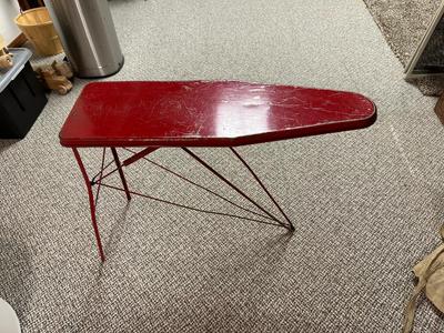 CHILD'S METAL TOY IRONING BOARD, PEANUT BUTTER TIN AND SHIRLEY TEMPLE GLASS CUP