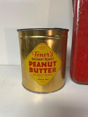 CHILD'S METAL TOY IRONING BOARD, PEANUT BUTTER TIN AND SHIRLEY TEMPLE GLASS CUP