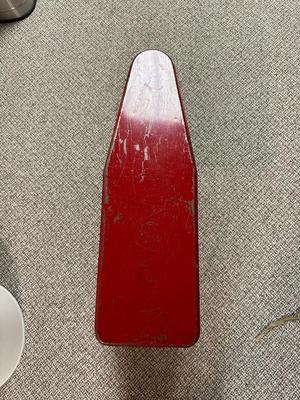 CHILD'S METAL TOY IRONING BOARD, PEANUT BUTTER TIN AND SHIRLEY TEMPLE GLASS CUP