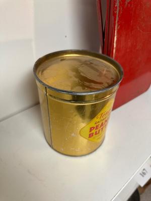 CHILD'S METAL TOY IRONING BOARD, PEANUT BUTTER TIN AND SHIRLEY TEMPLE GLASS CUP