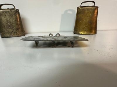 VINTAGE METAL CALF WEANER AND 2 COW BELLS
