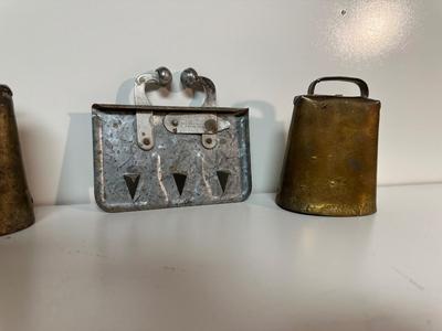 VINTAGE METAL CALF WEANER AND 2 COW BELLS