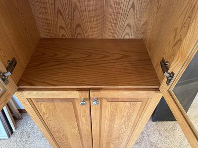 TALL NARROW OAK DISPLAY CABINET WITH CABINET