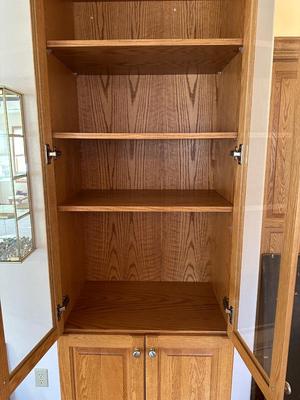 TALL NARROW OAK DISPLAY CABINET WITH CABINET