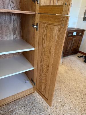 TALL NARROW OAK DISPLAY CABINET WITH CABINET