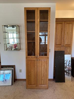 TALL NARROW OAK DISPLAY CABINET WITH CABINET