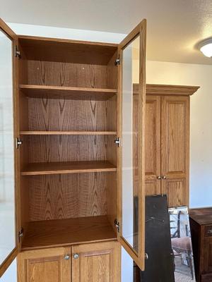 TALL NARROW OAK DISPLAY CABINET WITH CABINET